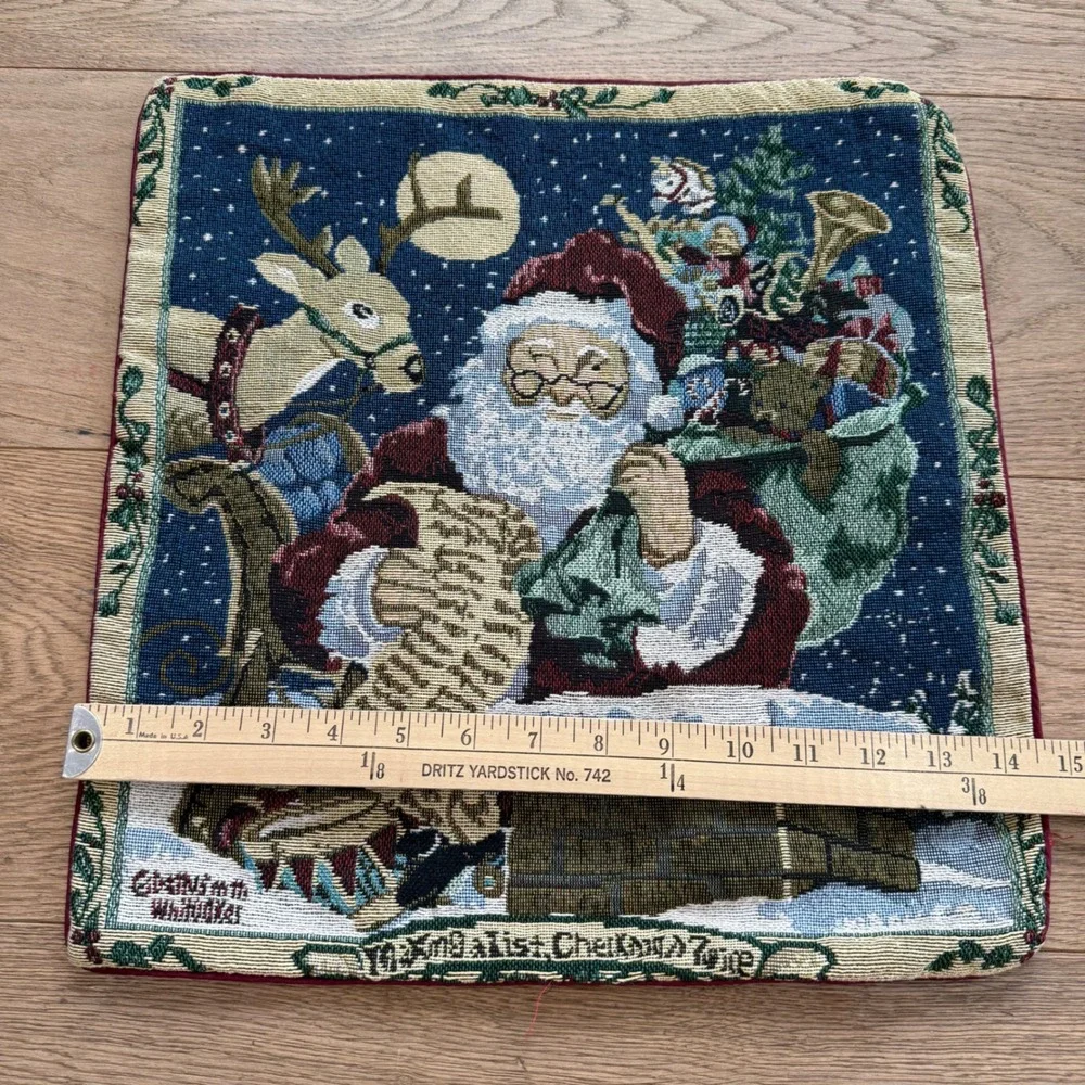 Vintage Christmas Tapestry Santa Claus Reindeer Pillow Cover 14.5x15 Red Zipper